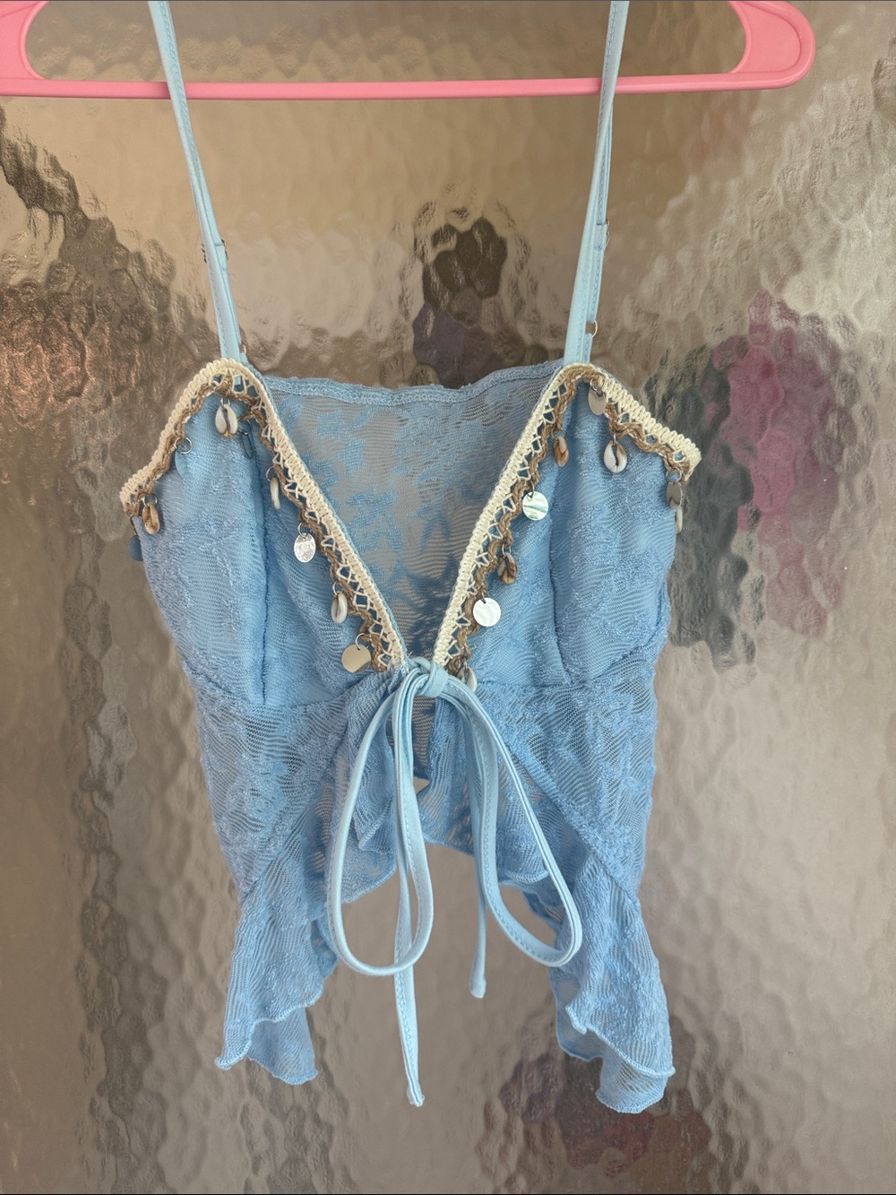 Light Blue Lace-Trim Tie-Front Cami Top - Picture 3 of 6